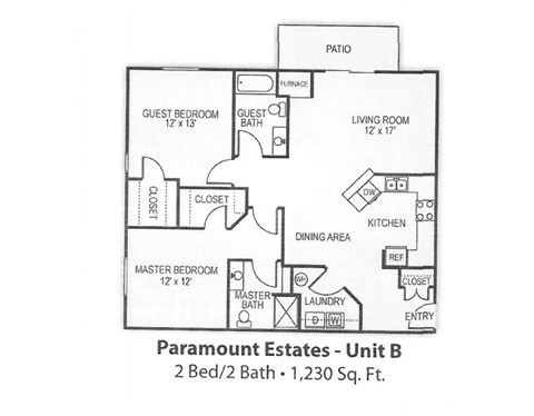 Floor plan for 2 beds, 2 baths, 1230 sqft